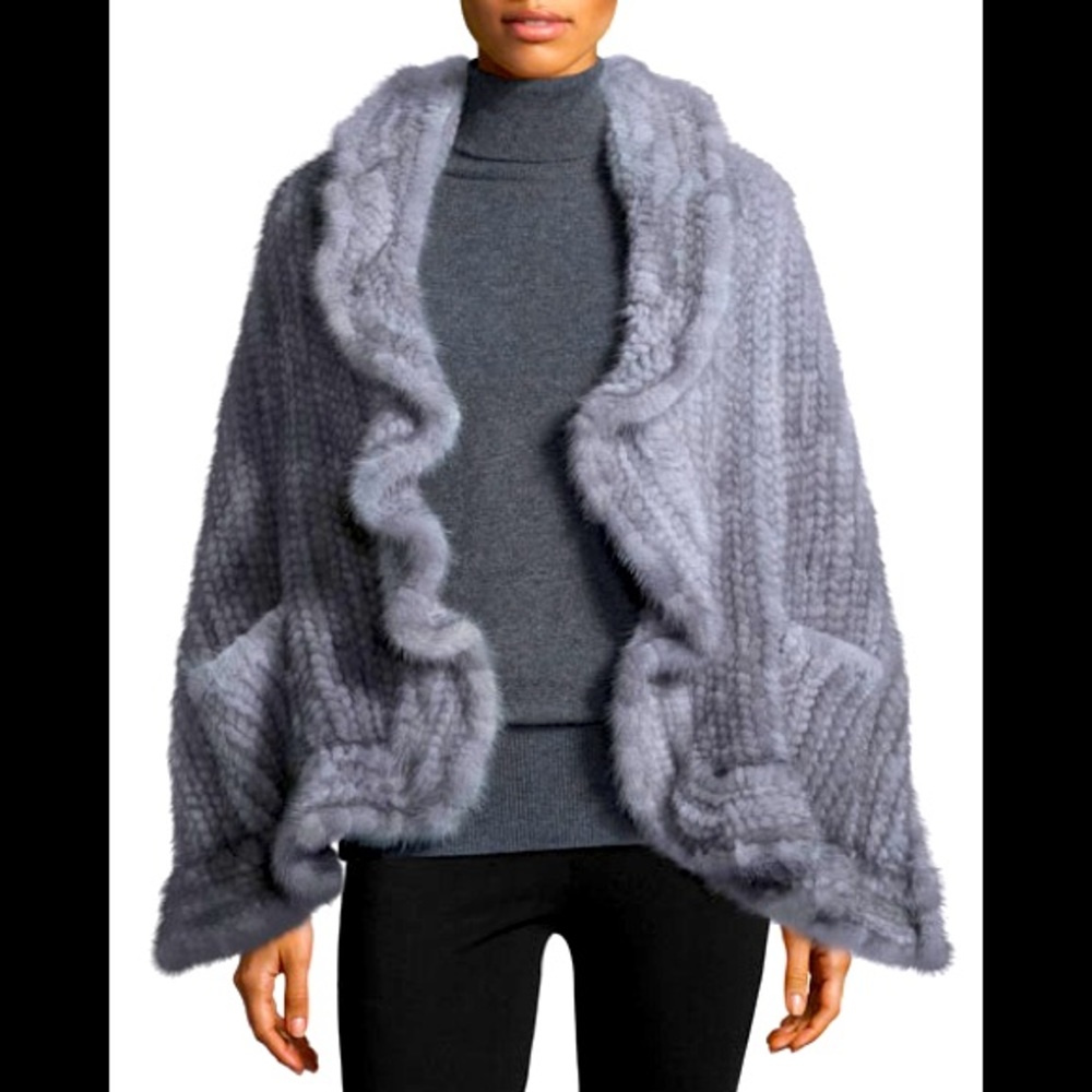 ADRIENNE LANDAU Mink Fur Soft Gray Knit Wrap w/Pockets Retails $997 One Size